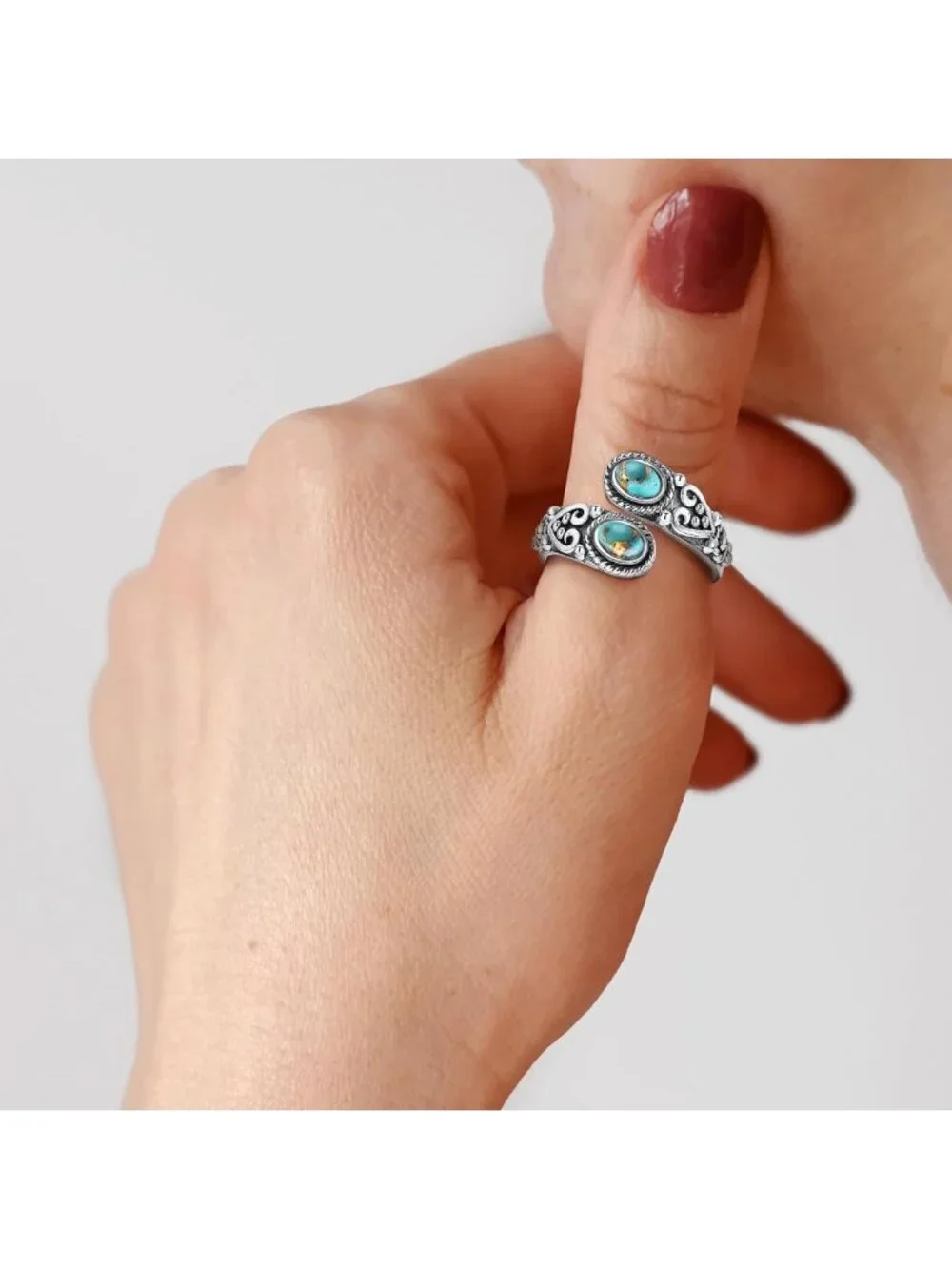 Adjustable Vintage Turquoise Spoon Ring - 925 Sterling Silver Heart Vine